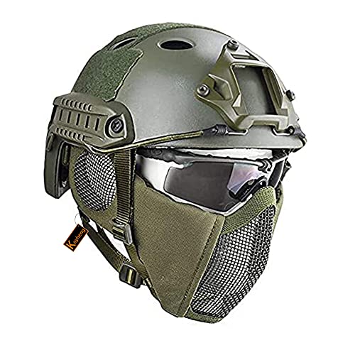 Casco Táctico Fast MH Combinado, con Protección Auditiva Plegable, Máscara de Malla de Media Cara y Gafas para el Juego de Juego Airsoft Paintball CS