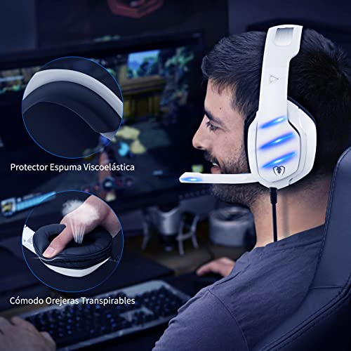 Cascos Gaming con Orejeras Grandes, Efectos de Sonido 3D, Micrófono de Educción Ruido LED, Auricular Gaming Compatible con PS4, PS5, Xbox, PC, Switch