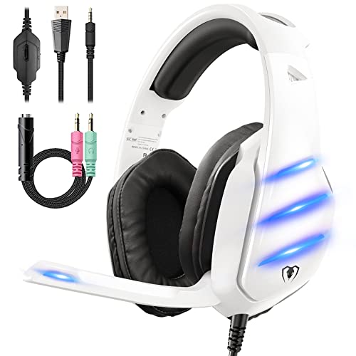 Cascos Gaming con Orejeras Grandes, Efectos de Sonido 3D, Micrófono de Educción Ruido LED, Auricular Gaming Compatible con PS4, PS5, Xbox, PC, Switch