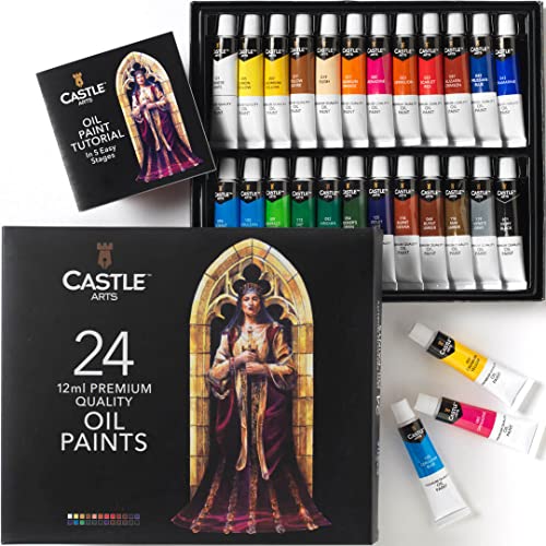 Castle Art Supplies Caja 24 Pinturas al Óleo 12 ml | Artistas Experimentados, Principiantes y Avanzados | Variedad Colores Intensos Fáciles de Usar | Impresionante Caja de Presentación con un Tutorial