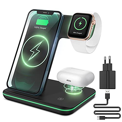 CAVN Cargador inalámbrico 3 en 1, Compatible con Apple Watch & AirPods, Cargador Inalambrico Qi Cargador Rápida Compatible con iPhone 13/12/11 Pro/12 Pro MAX/XR/XS/X/8, iWatch Series SE/7/6/5/4/3