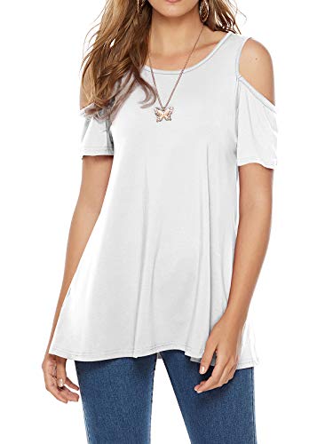 CEASIKERY Blusa suelta de manga corta con hombros descubiertos para mujer, Blanco, XX-Large