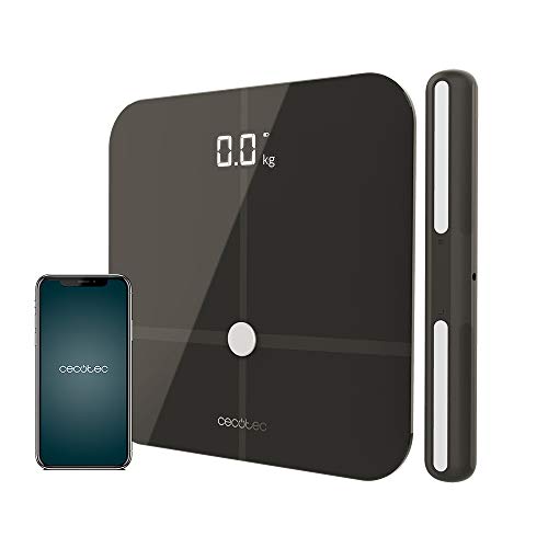 Cecotec Báscula de baño Healthy Pro Dark Grey Pro. App, Conectividad Bluetooth, Barra con sensores para medición bioimpedancia, 15 Parámetros, Diseño extraplano