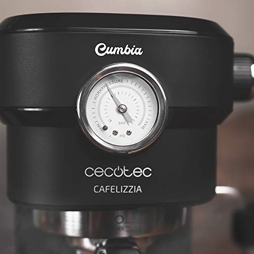 Cecotec Cafelizzia 790 Black Pro - Cafetera para Espressos y Cappuccino con Manometro, 1350 W, Sistema Thermoblock, 20 Bares, Modo Auto para 1-2 Cafés, Vaporizador Orientable, 1.1L, Negro