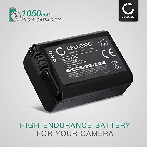 CELLONIC® 2X Batería NP-FW50 Compatible con Sony A6000 Alpha 6000 A6300 A6500 A5100 A5000 A3000 A7 II Alpha 7 II A7s A7R ILCE-7R, 1050mAh + Cargador rápido BC-VW1 bateria de Repuesto Pila