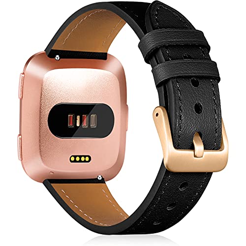 CeMiKa Correa de Cuero Compatible con Fitbit Versa Correa/Fitbit Versa 2 Correa, Correas de Cuero de Repuesto Clásicas Compatible con Fitbit Versa/Versa 2/Versa Lite/SE, Negro/Oro Rosa