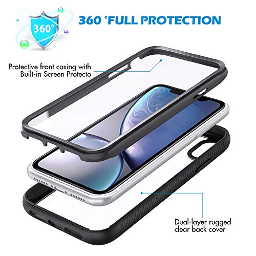 CENHUFO Funda iPhone XR, Antigolpes Fundas con Protector de Pantalla Integrado, Protector Completa 360 Grados Anti-rayones Anti-Amarilleo Case Robusto Transparente Carcasa para iPhone XR (6,1") Negro