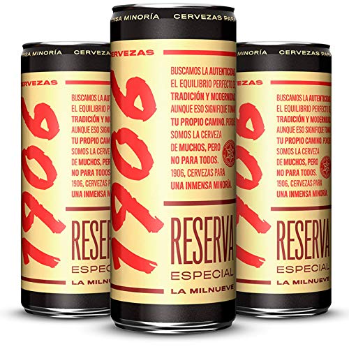 Cerveza 1906 Reserva Especial - Paquete de 24 latas de 330 ml – Bebida alcohólica 6,5% de volumen en alcohol – Cerveza en lata Para una Inmensa Minoría, La Milnueve – Maltas tostadas – Hijos de Rivera