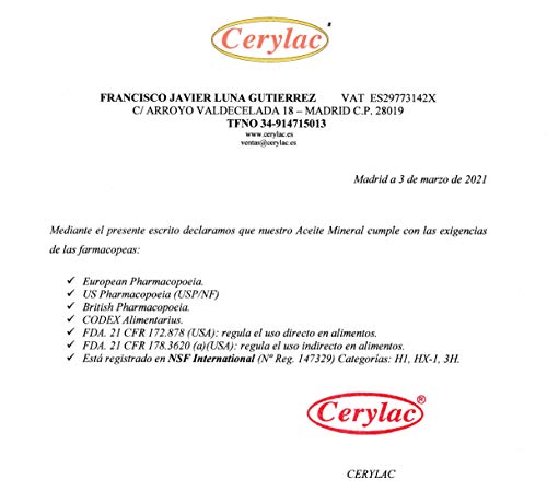 CERYLAC Aceite Mineral para Madera, Pizarra o Piedra - 500 ml. Calidad alimentaria. Aprobado por la Real Farmacopea Española.