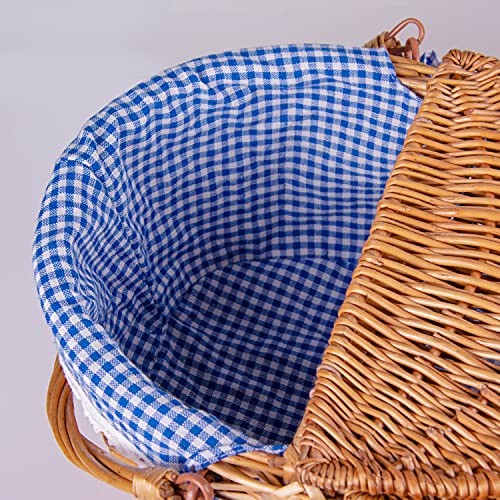 Cesta de mimbre para picnic con tapa y asa resistente cuerpo tejido con forro lavable a cuadros, color azul