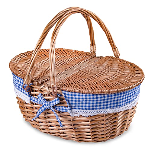 Cesta de mimbre para picnic con tapa y asa resistente cuerpo tejido con forro lavable a cuadros, color azul