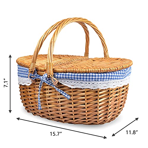 Cesta de mimbre para picnic con tapa y asa resistente cuerpo tejido con forro lavable a cuadros, color azul