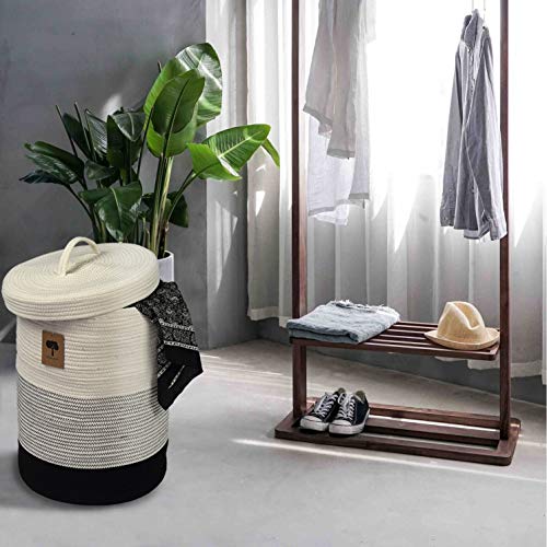 Cesta para la ropa con tapa, cesta de almacenamiento plegable de tela, cesto para la colada o el cuarto de baño, cesta trenzada, almacenamiento para el baño, cesta con tapa, color blanco y negro