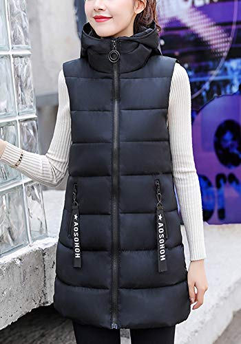 Chaleco Acolchado para Mujer Invierno Cremallera Chaqueta Sin Mangas Abajo Abrigos con Capucha Negro XL