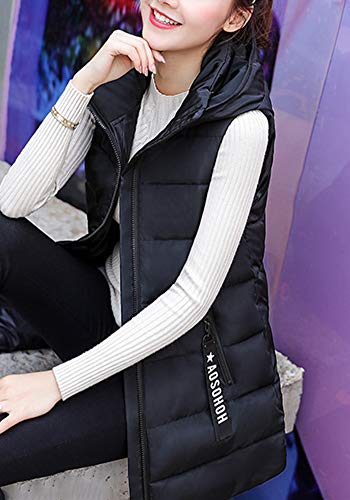 Chaleco Acolchado para Mujer Invierno Cremallera Chaqueta Sin Mangas Abajo Abrigos con Capucha Negro XL