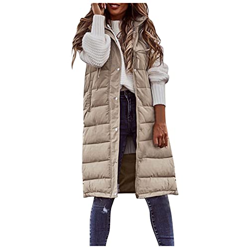 Chaleco de Plumón con Capucha para Mujer Abrigo de Invierno Ligero Largo Delgado Chaqueta sin Mangas Acolchado Prueba de Viento Chaleco Deportivo Calentador de Cuerpo con Bolsillos (A Beige, XL)