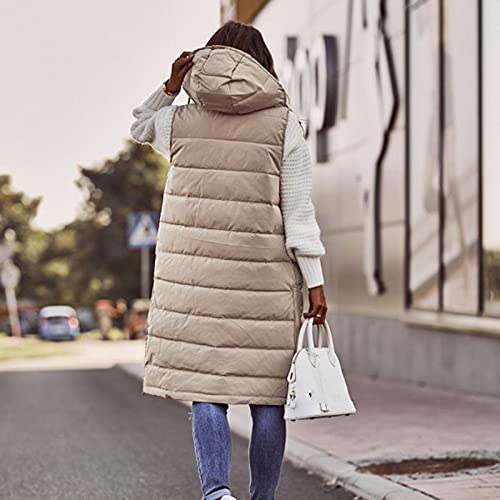 Chaleco de Plumón con Capucha para Mujer Abrigo de Invierno Ligero Largo Delgado Chaqueta sin Mangas Acolchado Prueba de Viento Chaleco Deportivo Calentador de Cuerpo con Bolsillos (A Beige, XL)