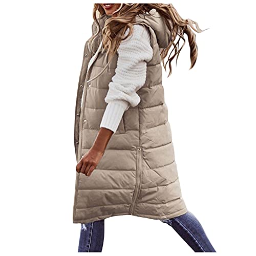 Chaleco de Plumón con Capucha para Mujer Abrigo de Invierno Ligero Largo Delgado Chaqueta sin Mangas Acolchado Prueba de Viento Chaleco Deportivo Calentador de Cuerpo con Bolsillos (A Beige, XL)