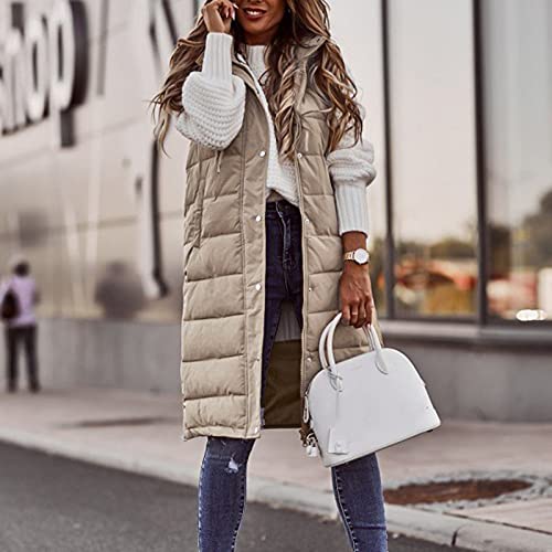 Chaleco de Plumón con Capucha para Mujer Abrigo de Invierno Ligero Largo Delgado Chaqueta sin Mangas Acolchado Prueba de Viento Chaleco Deportivo Calentador de Cuerpo con Bolsillos (A Beige, XL)