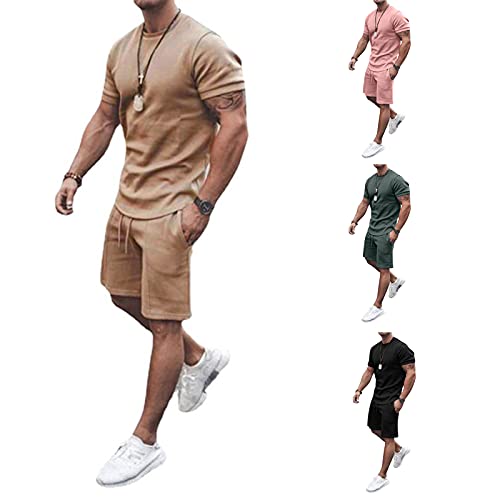 Chándal de verano de 2 piezas para hombre, camiseta de manga corta + cordón elástico cintura pantalones cortos Teen Boy Quick Dry Sportswear Hombres Daily Home Wear Casual Outfit M-3XL caqui XS