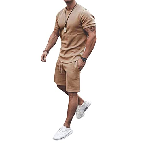 Chándal de verano de 2 piezas para hombre, camiseta de manga corta + cordón elástico cintura pantalones cortos Teen Boy Quick Dry Sportswear Hombres Daily Home Wear Casual Outfit M-3XL caqui XS