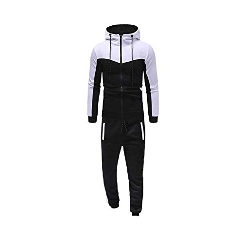 Chándal Hombre Completo 2 Piezas Conjunto de Ropa Deportiva Top Sudadera de Manga Larga con Cremallera y Capucha + Pantalones Largos de Cintura Elástica Traje Informal Otoño Primavera (Blanco, XL)