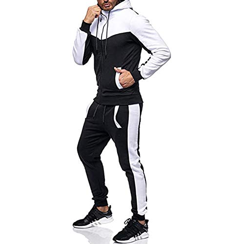 Chándal Hombre Completo 2 Piezas Conjunto de Ropa Deportiva Top Sudadera de Manga Larga con Cremallera y Capucha + Pantalones Largos de Cintura Elástica Traje Informal Otoño Primavera (Blanco, XL)