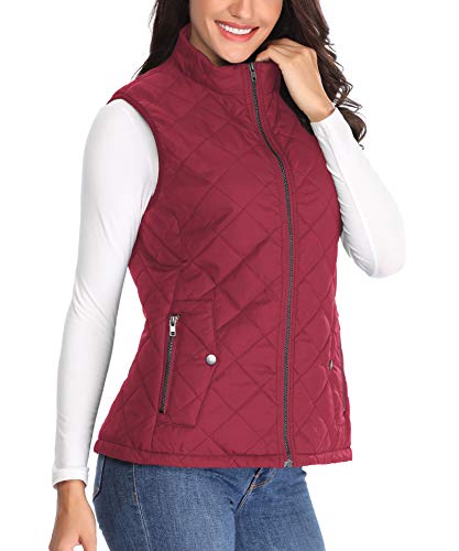 Chaqueta Acolchadas de Mujer Puffer Coat Ligero de Bolsillo Chaleco sin Mangas Vino Rojo Ligeras Slim Waisted Outwear - XS