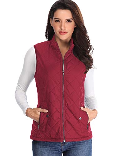 Chaqueta Acolchadas de Mujer Puffer Coat Ligero de Bolsillo Chaleco sin Mangas Vino Rojo Ligeras Slim Waisted Outwear - XS