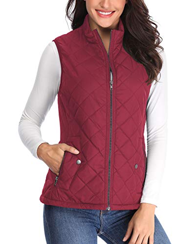 Chaqueta Acolchadas de Mujer Puffer Coat Ligero de Bolsillo Chaleco sin Mangas Vino Rojo Ligeras Slim Waisted Outwear - XS