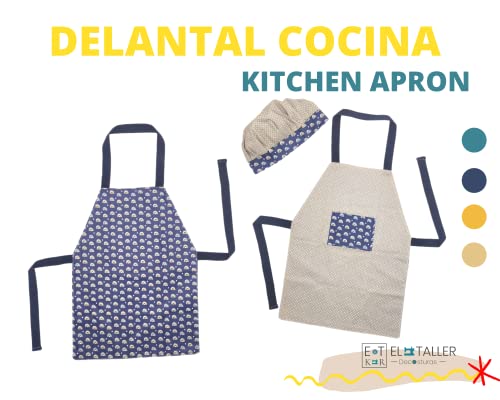 Chef Set Delantales para niños Delantal Reversible + Gorro Disfraz de cocinero Mandil manualidades (Arco azul /Beig)