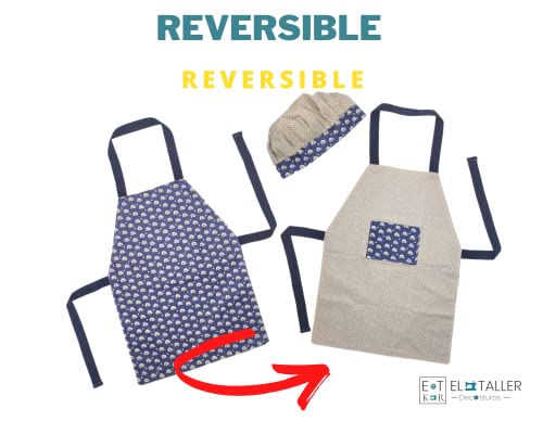 Chef Set Delantales para niños Delantal Reversible + Gorro Disfraz de cocinero Mandil manualidades (Arco azul /Beig)