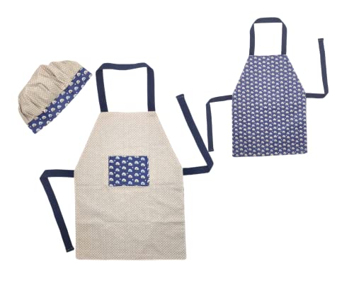 Chef Set Delantales para niños Delantal Reversible + Gorro Disfraz de cocinero Mandil manualidades (Arco azul /Beig)