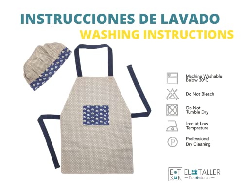 Chef Set Delantales para niños Delantal Reversible + Gorro Disfraz de cocinero Mandil manualidades (Arco azul /Beig)