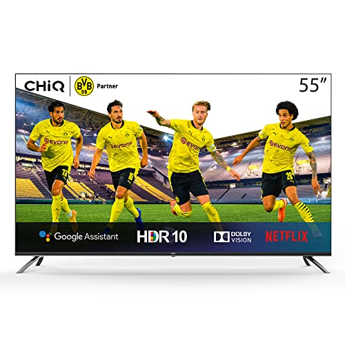 CHiQ Televisor Smart TV LED 55 Pulgadas, Resolución 4K UHD, Android 9.0, WiFi, Bluetooth, Google Play Store, Google Assistant, Netflix, Prime Video, HDMI ARC, USB - U55H7A