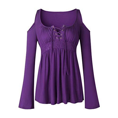 CHMORA Top de mujer con cuello en V sin tirantes de encaje de costura de manga larga Color sólido Top