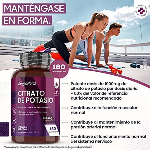 Citrato de Potasio 1000mg 180 Comprimidos Veganos de Alta Potencia - Suplemento Deportivo Natural de Potasio, 3 Meses de Suministro, Contribuye al Funcionamiento Normal de Músculos y Sistema Nervioso