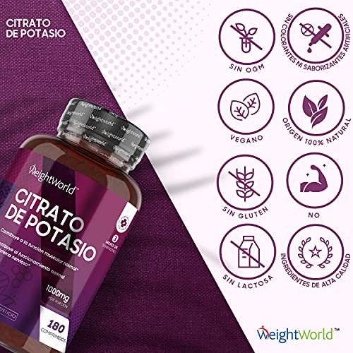 Citrato de Potasio 1000mg 180 Comprimidos Veganos de Alta Potencia - Suplemento Deportivo Natural de Potasio, 3 Meses de Suministro, Contribuye al Funcionamiento Normal de Músculos y Sistema Nervioso