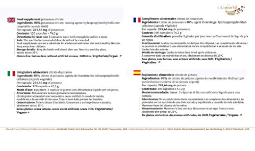 Citrato de Potasio 605mg dosis diaria 120 Cápsulas Vegetales - Vita World Farmacia Alemania