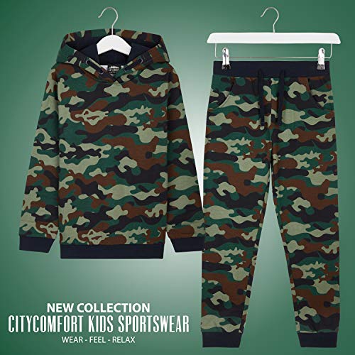 CityComfort Chandal Niño, Conjunto de 2 Piezas Sudadera con Capucha y Pantalon Chandal, Ropa Niño 100% Algodon, Regalos Para Niños Edad 3-14 Años (Verde Camo, 9_years)