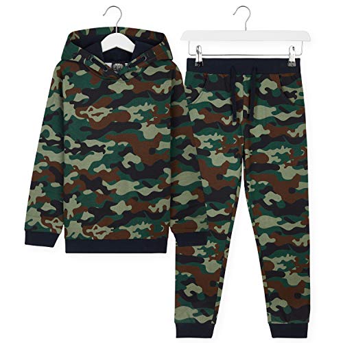 CityComfort Chandal Niño, Conjunto de 2 Piezas Sudadera con Capucha y Pantalon Chandal, Ropa Niño 100% Algodon, Regalos Para Niños Edad 3-14 Años (Verde Camo, 9_years)