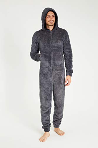 CityComfort Pijama Hombre Entero de Una Pieza, Pijama Hombre Invierno de Forro Polar, Pijama Mono con Capucha, Regalos para Hombre y Adolescentes Talla M-XL (L, Gris)