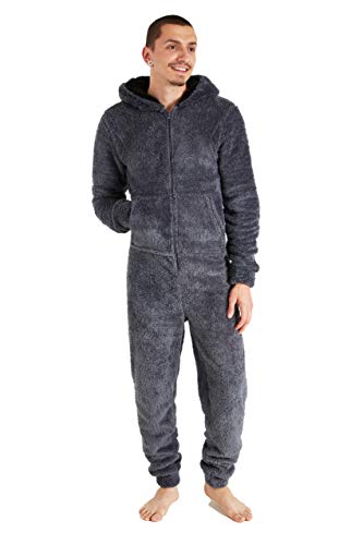 CityComfort Pijama Hombre Entero de Una Pieza, Pijama Hombre Invierno de Forro Polar, Pijama Mono con Capucha, Regalos para Hombre y Adolescentes Talla M-XL (L, Gris)