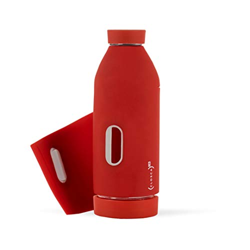 Closca Botella de Agua de Cristal 420ml Bottle. Cantimplora de Vidrio Libre de BPA. Doble Apertura y Solapa Elástica para fácil Transporte. (Red)