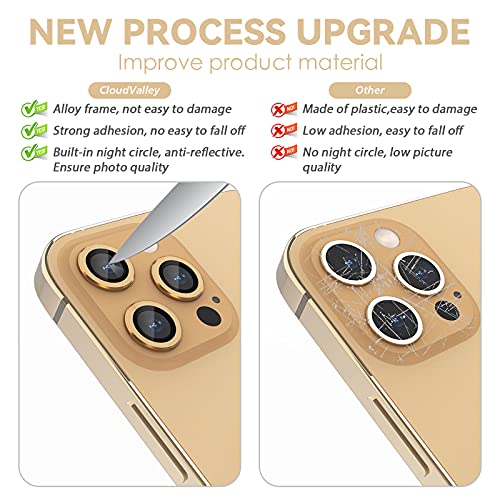 CloudValley Protector de Lente de Cámara Compatibile con iPhone 13 Pro/iPhone 13 Pro Max,[Cristal Templado & 9H Dureza] HD Vidrio Templado e Aleación de Alumio Protector Camara - Oro