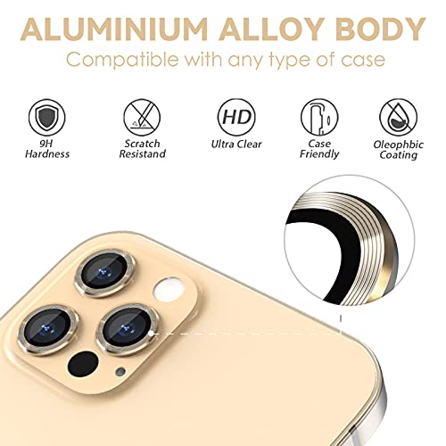 CloudValley Protector de Lente de Cámara Compatibile con iPhone 13 Pro/iPhone 13 Pro Max,[Cristal Templado & 9H Dureza] HD Vidrio Templado e Aleación de Alumio Protector Camara - Oro