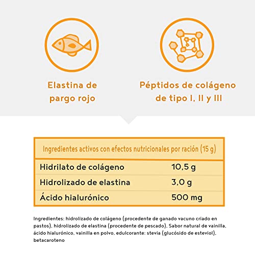 Colágeno con elastina marina y ácido hialurónico - Péptidos de hidrolizado de colágeno de tipo I, II y III - Sin aditivos - Sabor vainilla - 450 g en polvo