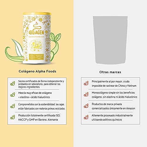 Colágeno con elastina marina y ácido hialurónico - Péptidos de hidrolizado de colágeno de tipo I, II y III - Sin aditivos - Sabor vainilla - 450 g en polvo