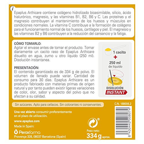 Colágeno Epaplus para Articulaciones con Silicio y Ácido Hialurónico INSTANT (334 gramos, sabor limón)