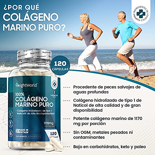Colágeno Hidrolizado Marino Dosis Alta de 1170 mg 120 Cápsulas | 100% Péptidos Colágeno Marino Puro de Peces Salvajes, Proteínas de Colágeno para la Masa Muscular Para Huesos y Articulaciones